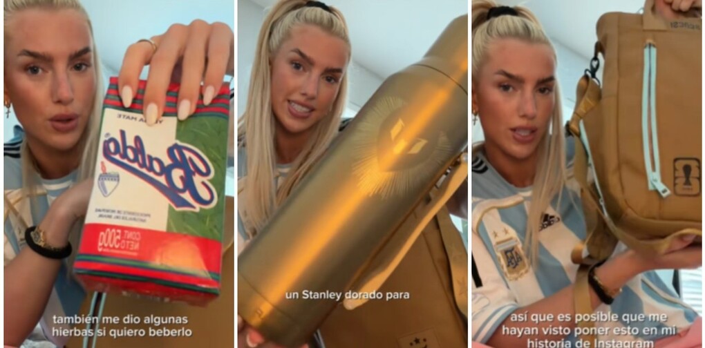 Kelci Rose bóc túi quà lưu niệm của bạn trai Marcos Senesi từ World Cup 2026. Ảnh: TikTok