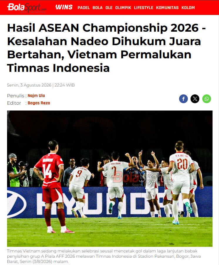 Tờ Bola Sport khẳng định thất bại của ĐT Indonesia hoàn toàn xứng đáng