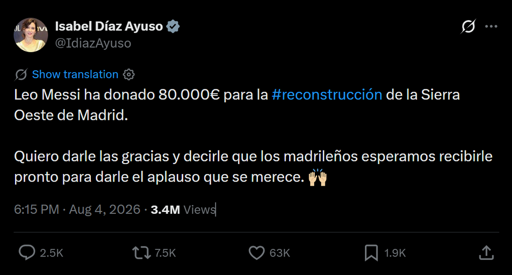 Chủ tịch vùng Madrid là bà Isabel Diaz Ayuso xác nhận khoản đóng góp của tiền đạo người Argentina trên trang cá nhân X ngày 4/8. Ảnh: X/Isabel Diaz Ayuso