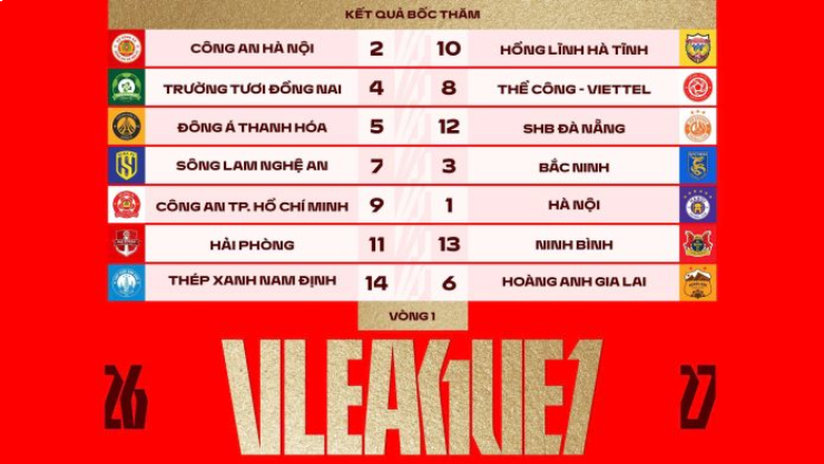 Lịch đấu vòng 1 V-League 2026/27 