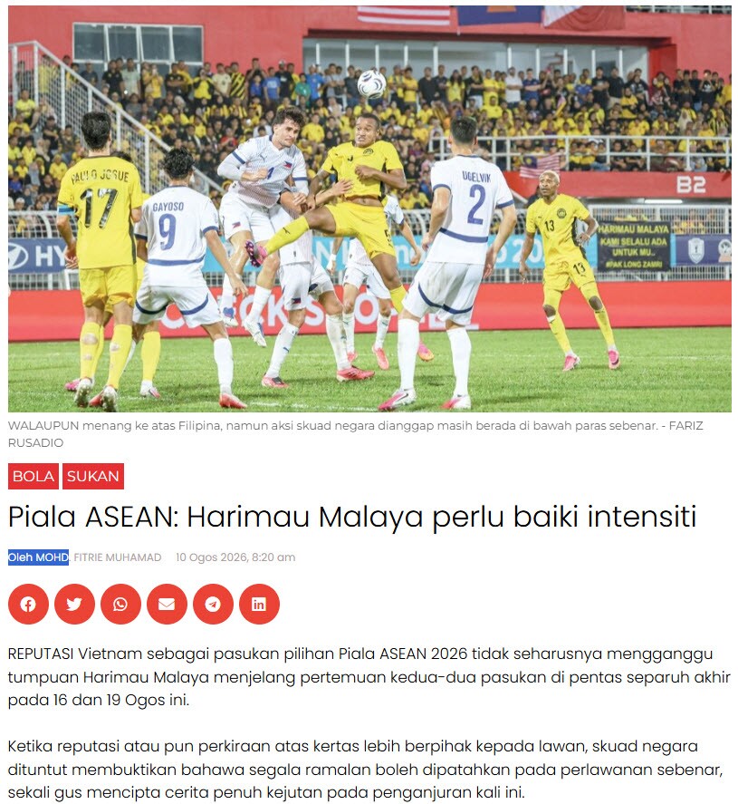 Theo tờ Kosmo, ĐT Malaysia có thể chơi tấn công trước ĐT Việt Nam