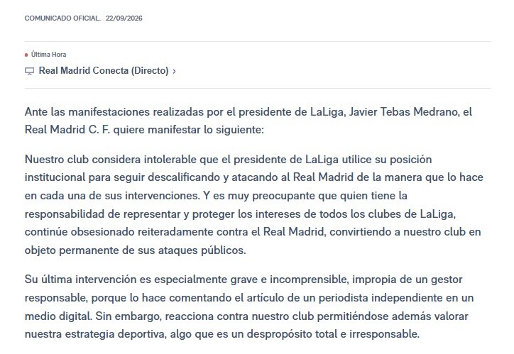 Real Madrid ra thông cáo phản bác lại Tebas