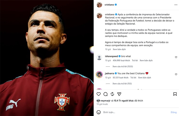  CR7 cho biết sẽ giải thích về quyết định rời tuyển vào thời điểm thích hợp