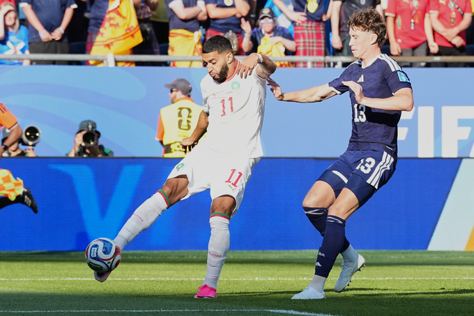 Tiền vệ Morocco Ismael Saibari mở tỷ số ở phút thứ 2 trong trận trận thắng Scotland 1-0 ở lượt hai bảng C World Cup 2026, trên sân Boston ở Mỹ ngày 19/6/2026. Ảnh: AP