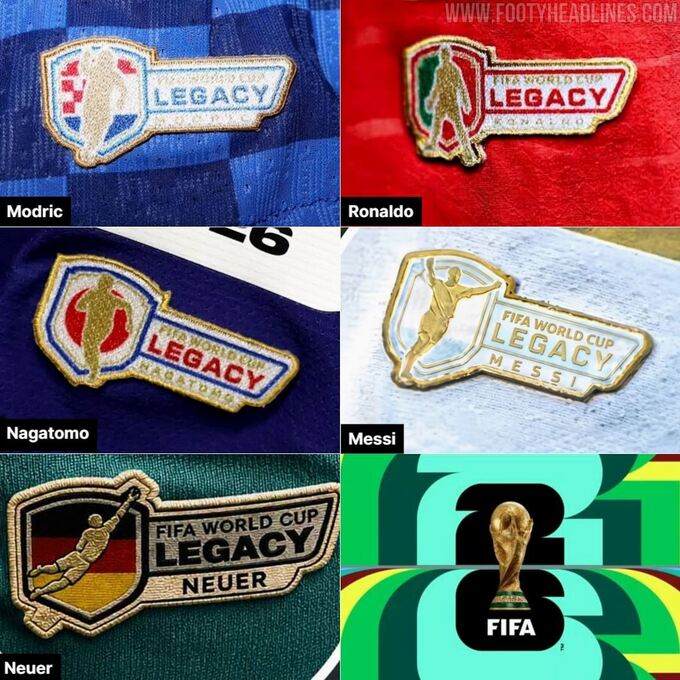 Huy hiệu Di sản (Legacy) World Cup 2026 trên tay áo Luka Modric, Cristiano Ronaldo, Yuto Nagatomo, Lionel Messi và Manuel Neuer. Ảnh: Footyheadlines