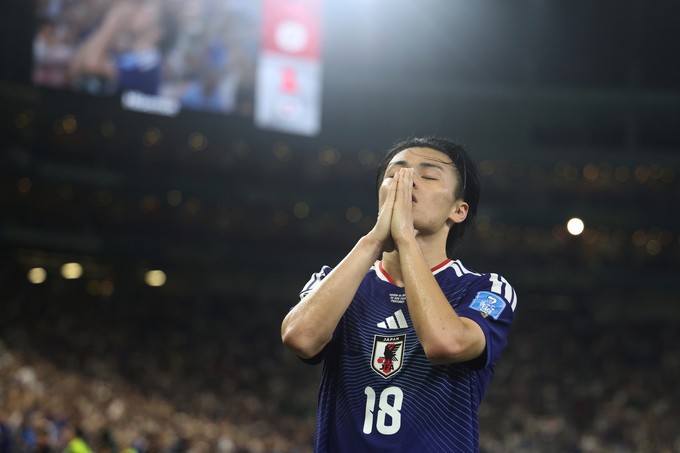 Tiền đạo Nhật Bản Ayase Ueda (18) ghi bàn ở phút 31 trong trận gặp Tunisia ở lượt hai bảng F World Cup 2026, trên sân Monterrey ở Mexico, ngày 20/6/2026. Ảnh: AP