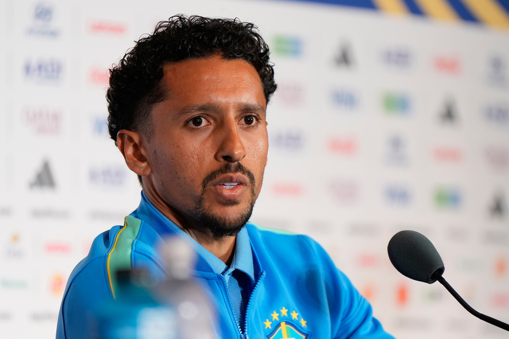 Marquinhos phát biểu trong buổi họp báo tại Houston, Texas, Mỹ ngày 28/6, trước trận Brazil gặp Nhật Bản ở vòng 1/8 World Cup 2026. Ảnh: AP