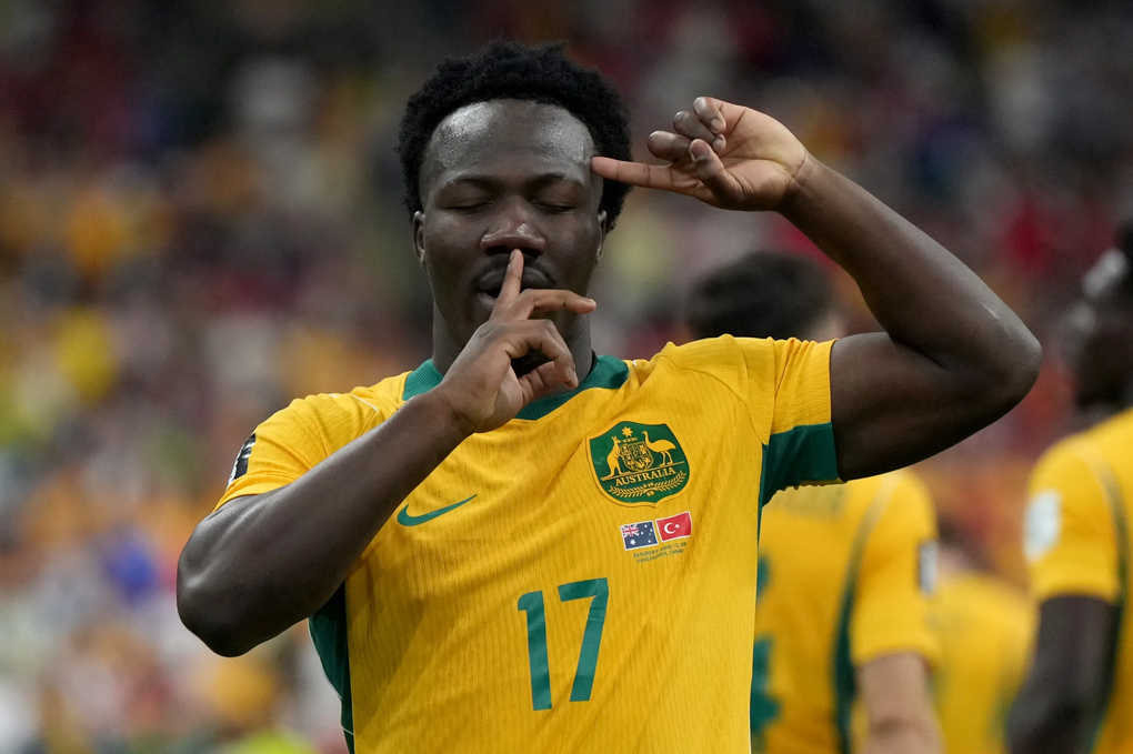 Nestory Irankunda ăn mừng sau khi ghi bàn trong trận Australia – Thổ Nhĩ Kỳ ở vòng bảng World Cup 2026 trên sân BC Place, Vancouver, Canada ngày 13/6/2026. Ảnh: Reuters