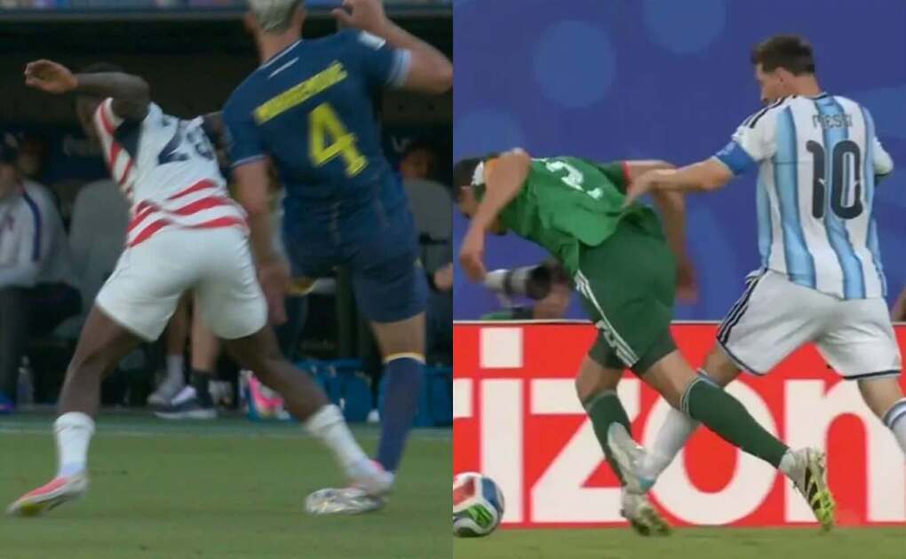 Tình huống phạm lỗi của Balogun (trái) và Messi (phải). Ảnh: Chụp màn hình
