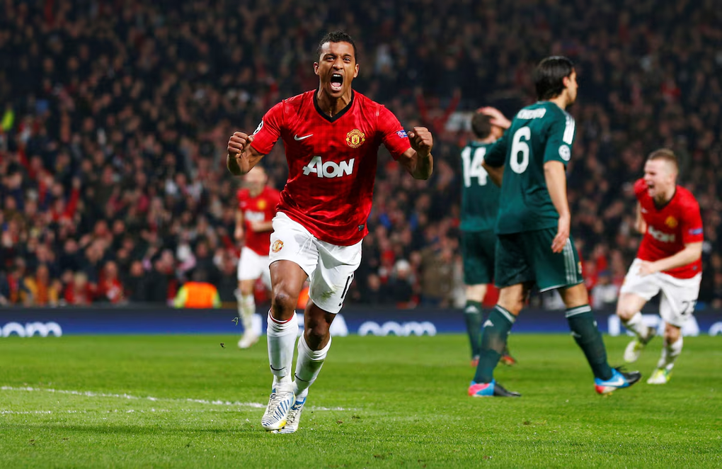 Nani ăn mừng bàn thắng trong trận Man Utd – Real Madrid ở Champions League trên sân Old Trafford, Manchester, Anh ngày 5/3/2013. Ảnh: Reuters
