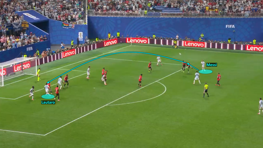 Phút 83, Messi tạt bóng lần hai liên tiếp, trúng người cầu thủ Ai Cập đổi hướng và tìm đến Lautaro ở cột xa. Ảnh chụp màn hình