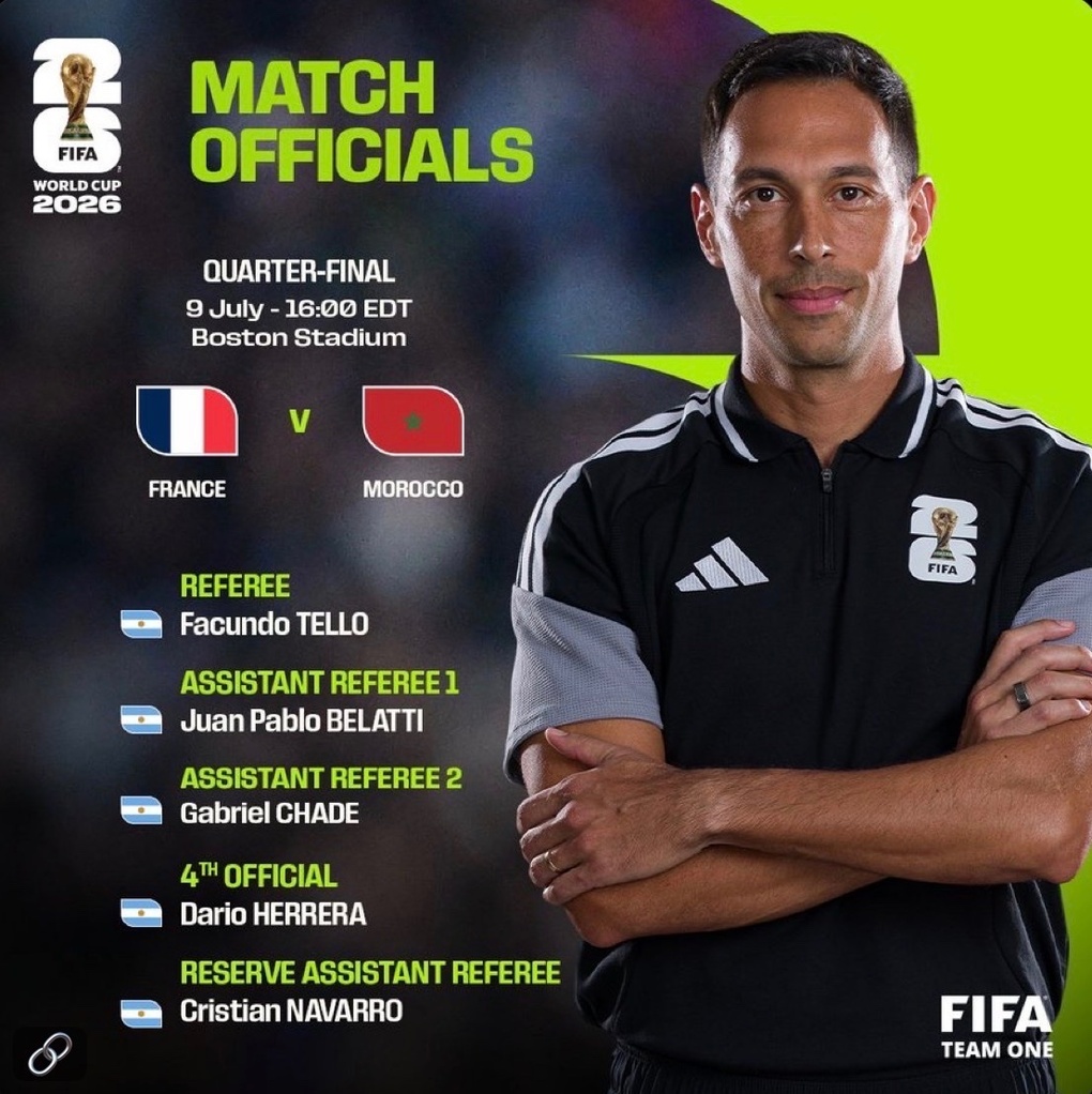 Danh sách trọng tài Argentina cầm còi trận Pháp - Morocco. Ảnh: FIFA