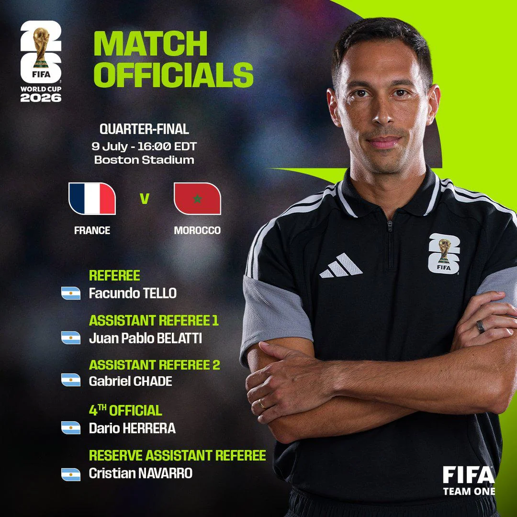 Thông báo của FIFA về tổ trọng tài Argentina điều hành trận Pháp - Morocco ở tứ kết World Cup 2026. Đây cũng là lần đầu tiên tại giải, tổ trọng tài trong một trận đấu đều chung quốc tịch. Ảnh: FIFA