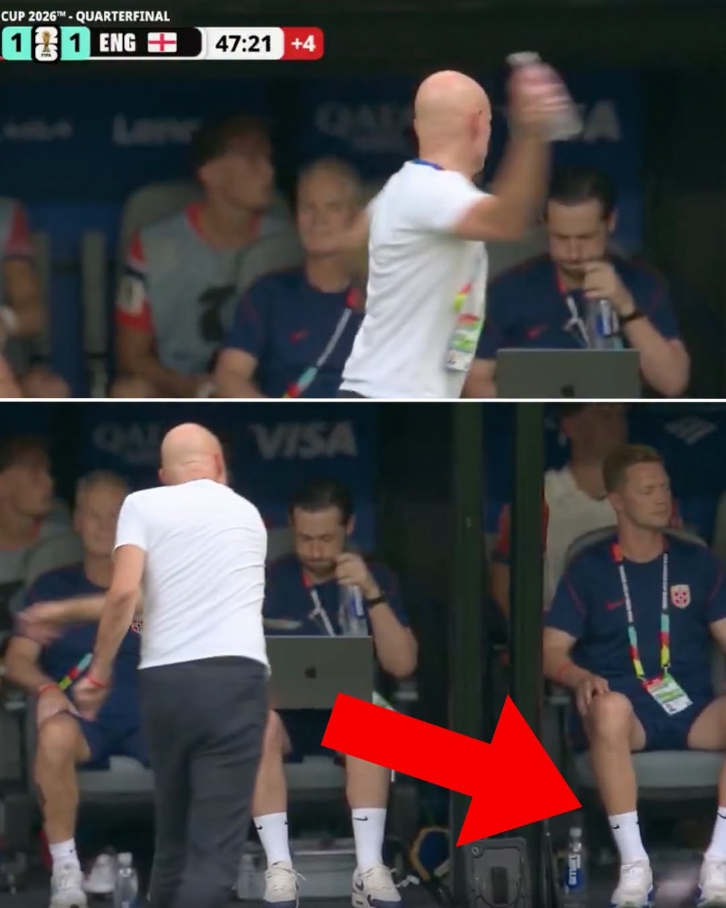 Tình huống HLV Solbakken ném chai nước về phía một trợ lý, trong trận tứ kết World Cup gặp Anh trên sân Miami, bang Florida, Mỹ ngày 11/7/2026. Ảnh: ESPN