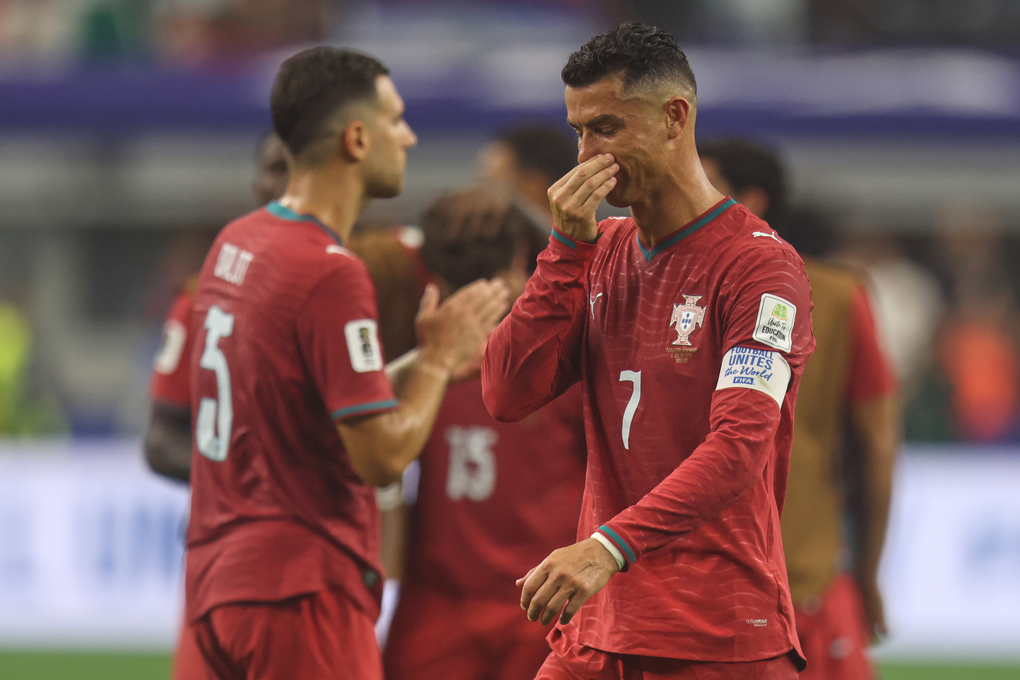 Cristiano Ronaldo phản ứng sau trận Bồ Đào Nha gặp Tây Ban Nha tại vòng 1/8 World Cup 2026 trên sân Dallas, Texas, Mỹ, ngày 6/7/2026. Ảnh: AP
