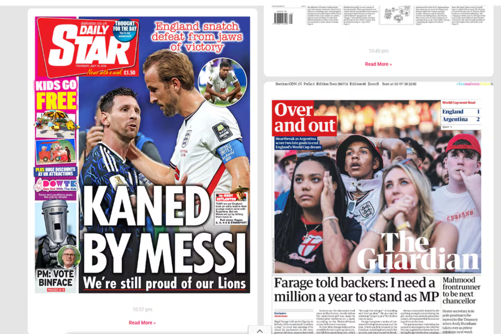 Trang nhất của báo Daily Star và The Guardian về trận Anh thua ngược Argentina 1-2 ở bán kết World Cup 2026.