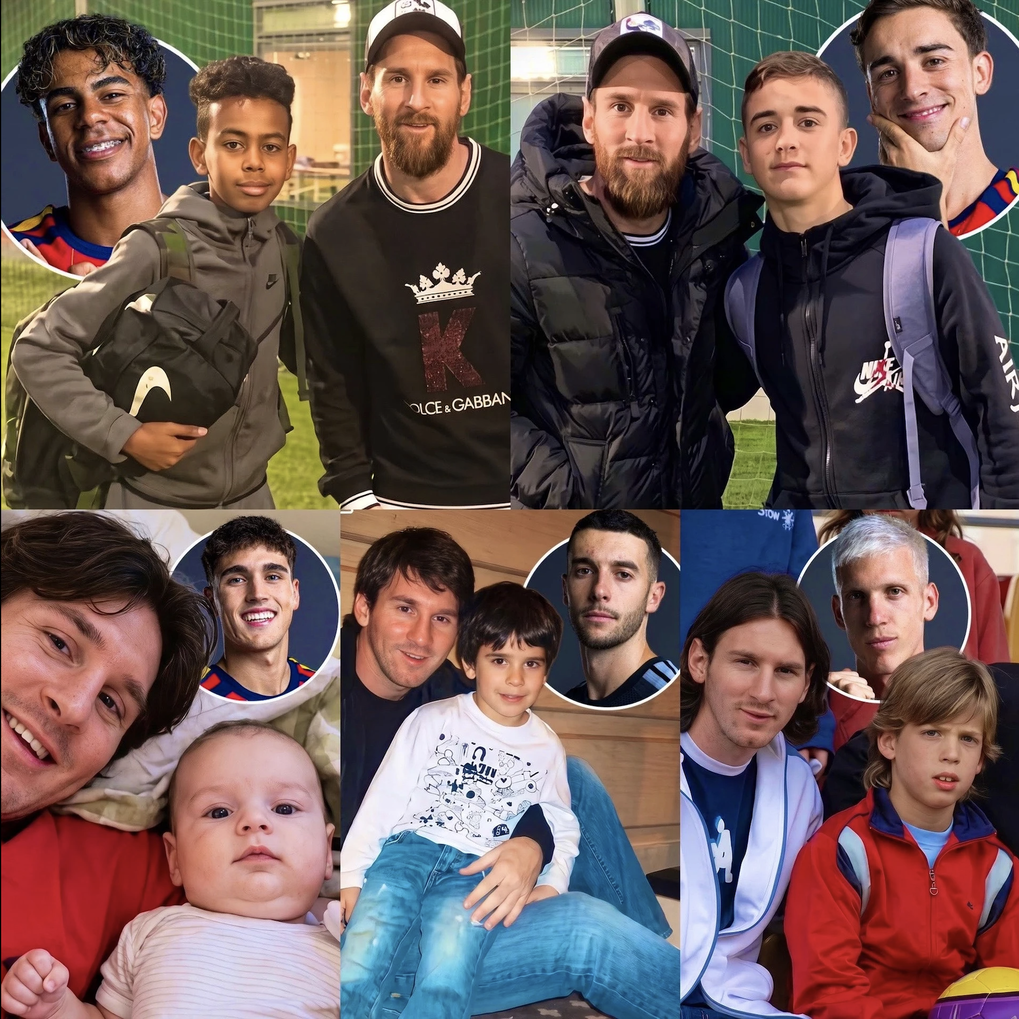 Yamal, Dani Olmo, Gavi, Joan Garcia và Pau Cubarsi (từ trên xuống dưới) từng chụp ảnh chung với Messi khi còn nhỏ. Ảnh: 433