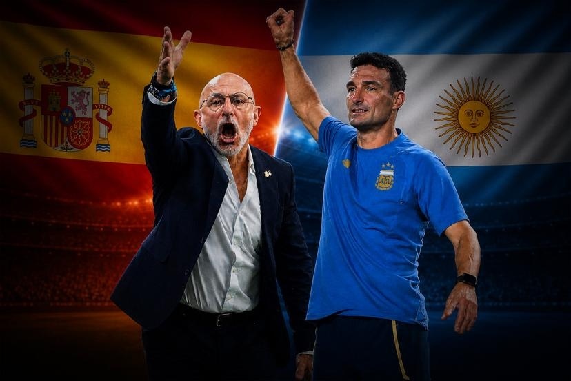 Luis de la Fuente (trái) và Lionel Scaloni sẽ đấu trí tại chung kết World Cup 2026 trên sân MetLife ngày 19/7. Ảnh: LEquipe