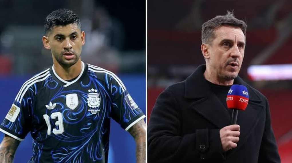 Gary Neville (phải) đáp trả Cristian Romero sau khi bị gọi là ngu ngốc.