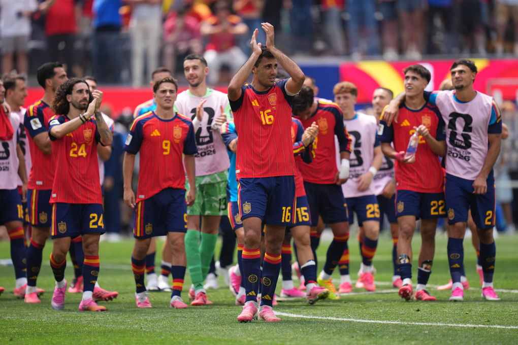 Cầu thủ Tây Ban Nha ăn mừng sau trận gặp Bỉ ở tứ kết World Cup 2026, trên sân Los Angeles, Mỹ ngày 10/7/2026. Ảnh: AP