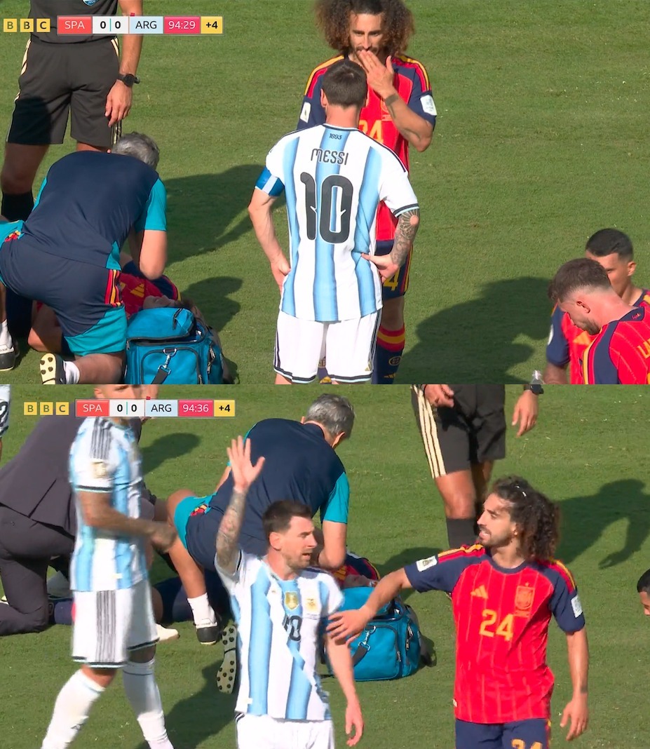 Tình huống Messi đòi trọng tài phạt thẻ đỏ Cucurella, trong trận chung kết World Cup giữa Tây Ban Nha và Argentina trên sân MetLife, thành phố East Rutherford, bang New Jersey, ngày 19/7/2026. Ảnh: chụp màn hình