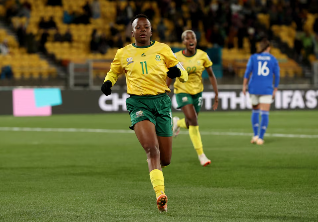 Thembi Kgatlana mừng bàn trong trận Nam Phi gặp Italy ở World Cup nữ 2023 tại sân Wellington Regional, Wellington, New Zealand ngày 2/8/2023. Ảnh: Reuters