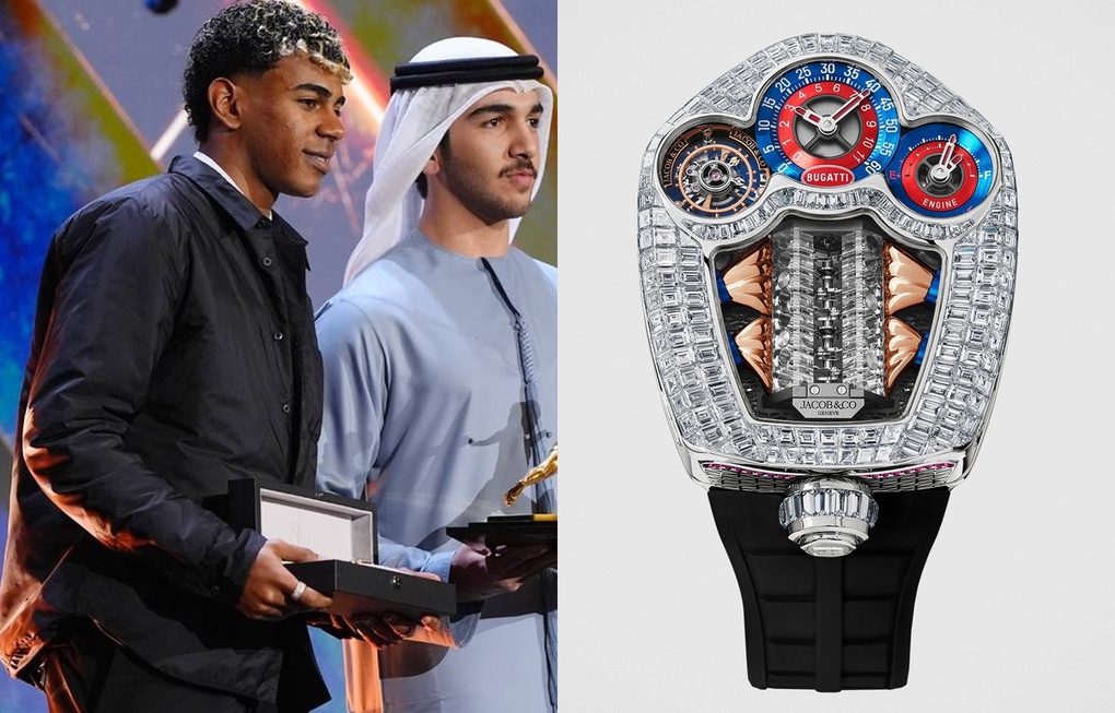 Yamal nhận giải Maradona kèm đồng hồ Jacob & Co. Bugatti Tourbillon Baguette. Ảnh: GSA, Jacob & Co